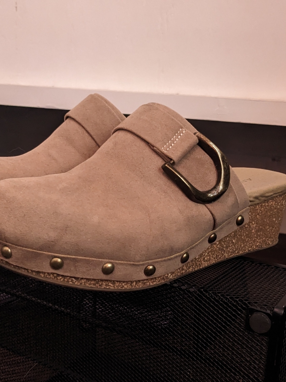 Women's Taupe Suede Clog Mules with Decorative Buckle